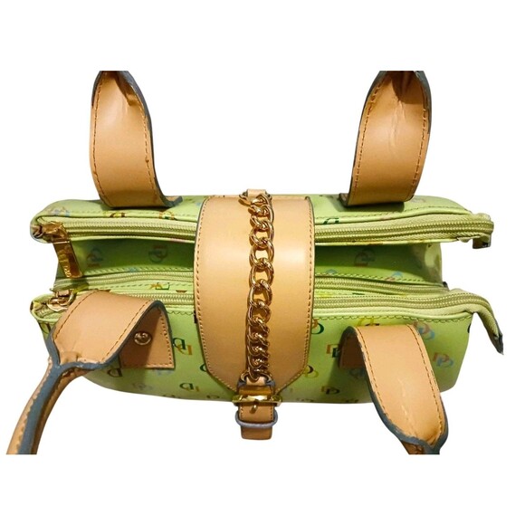 Dian & Dion Womens Green & Tan Multi Colored Signature Print Satchel Handbag Bag - Picture 5 of 7